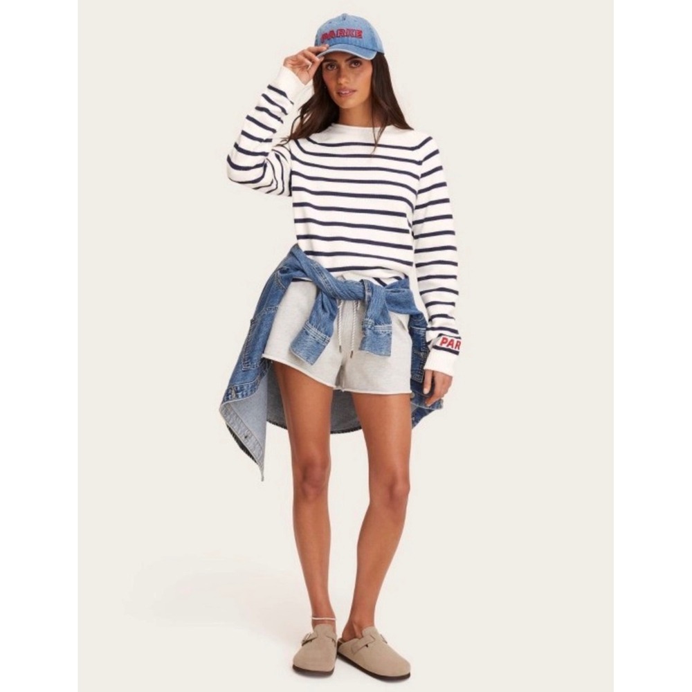 Parke Womens Striped Crewneck Sweater Navy White Raglan Sleeve Logo XS